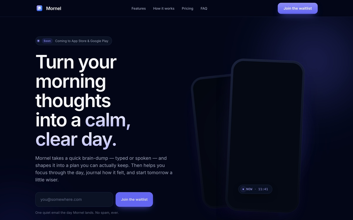 The Mornel marketing site — a dark, indigo product landing page with iPhone app screenshots.